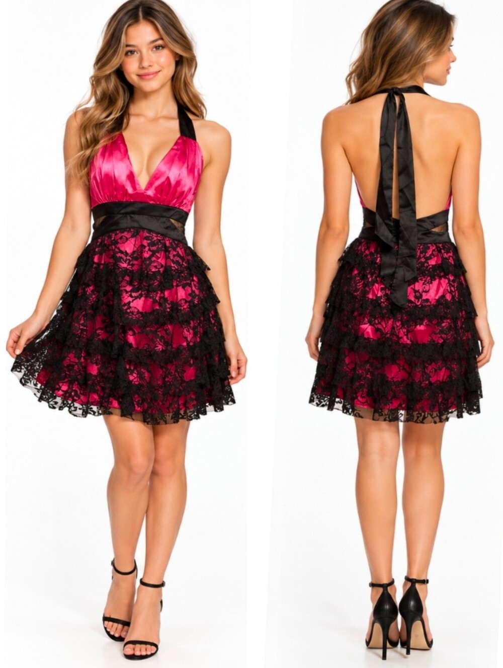 April Satin and Lace Backless Halter Dress